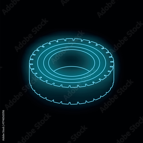 Neon glowing light blue tire standing on a dark background, representing automotive industry and transportation