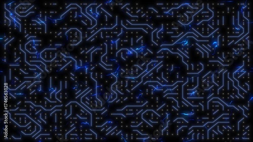 A shining network of circuits animated by electric sparks and flashes. Futuristic electronic system.