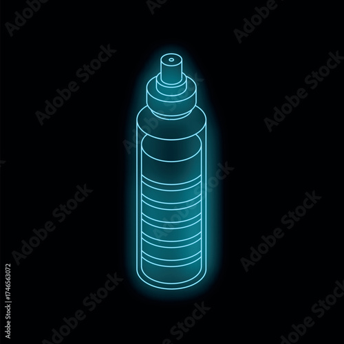 Glowing neon blue spray bottle on black background, representing beauty products, cosmetics, and personal care