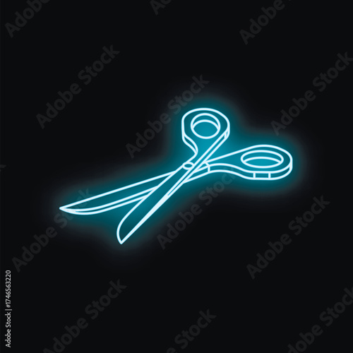 Neon scissors shining on a black background, perfect for representing cutting, tailoring, or hairdressing