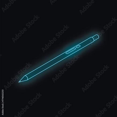 Glowing digital pen emits neon blue light, representing modern technology and creativity