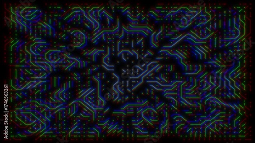 Neon multi-color microchip. Complex digital circuit layout. Bright energy pulses on a digital grid.
