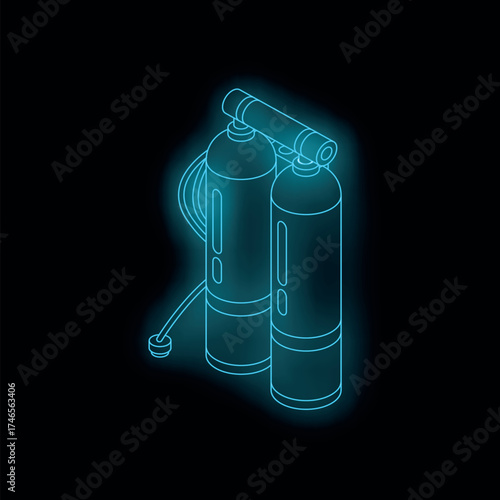 Isometric view of two scuba tanks with neon glow effect, ideal for diving and underwater exploration