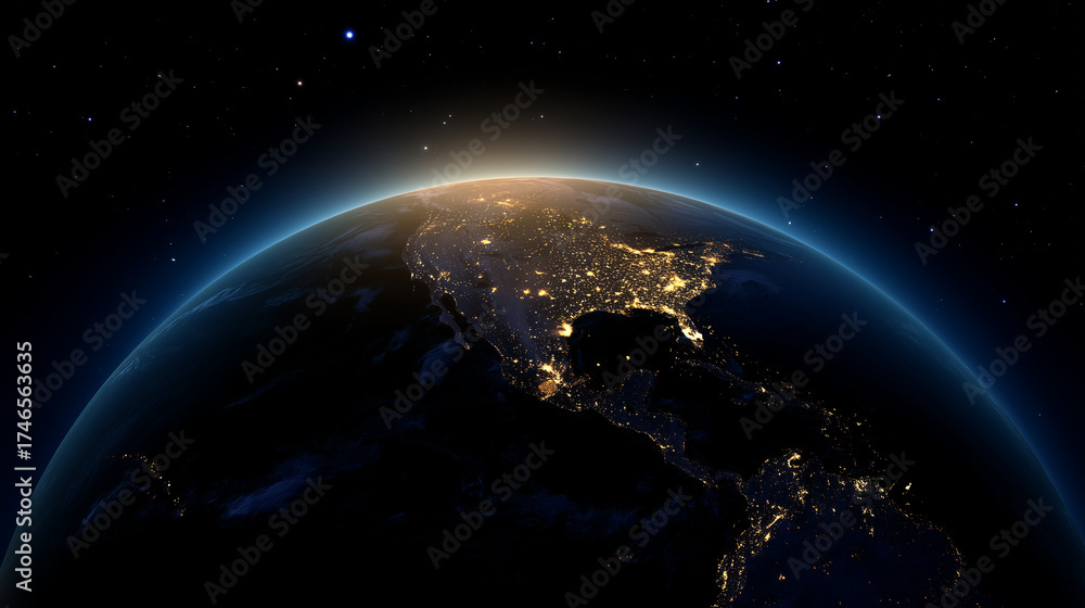 Obraz premium Night view of the Earth from space showing glowing city lights, curved horizon and sunrise glow over the atmosphere with distant stars creating a cosmic backdrop and subtle layers.