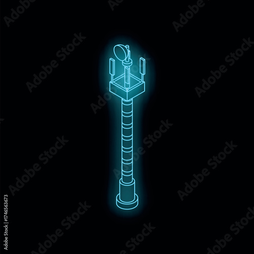 Neon blue telecommunication tower emitting signals, featuring antennas and satellite dish, in isometric perspective on a dark background