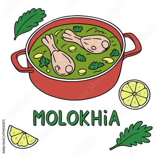 Delightful Molokhia Soup Bowl with Chicken and Lemon, Delicious Middle Eastern Cuisine, Homemade Comfort Food, Perfect for Food Blogs and Culinary Adventures, Fresh and Flavorful