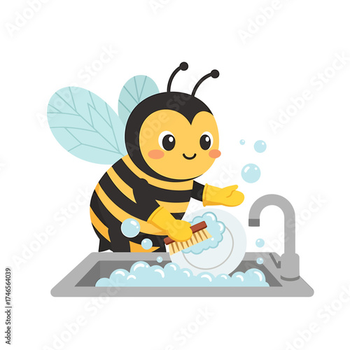 Cute cartoon bee washing dishes in sink with soap bubbles, household concept