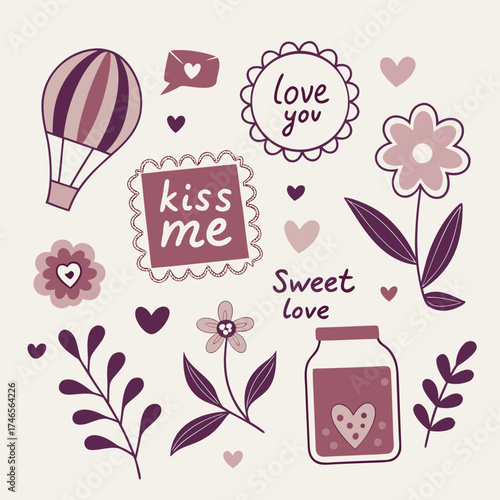 Sweet Valentine's Day Love Celebration with Flowers, Hearts, and Romantic Messages Perfect for Cards and Digital Designs, Originally a Scalable Vector Graphic