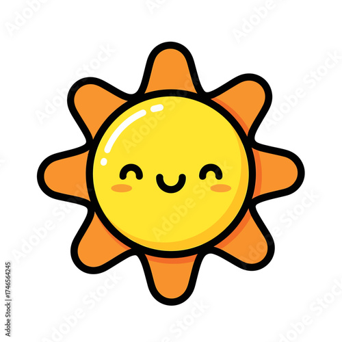 A cute kawaii sun character with a happy smiling face and rosy cheeks, isolated on a white background.