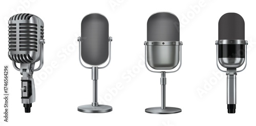microphone,retro,vintage 3d realistic set of different metal retro vintage microphones for podcasting singing or broadcasting