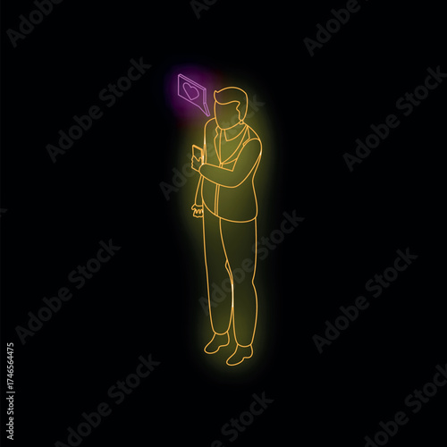 Neon businessman receiving heart notification on smartphone, depicting online dating and social media success