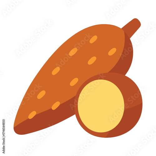 Illustration of whole and sliced yam with orange skin and yellow flesh