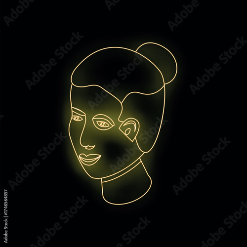 Minimalist neon yellow glowing line art of a woman's face with hair bun, isolated on black background