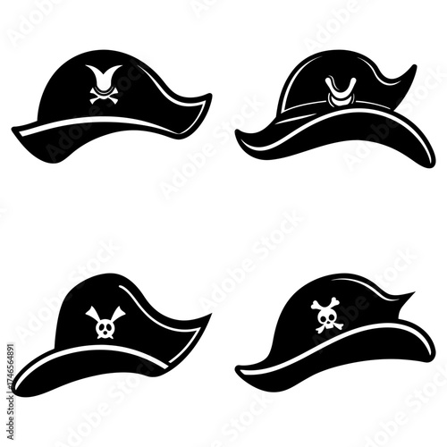 Collection of four black pirate hats with skull and crossbones and other emblems on a white background