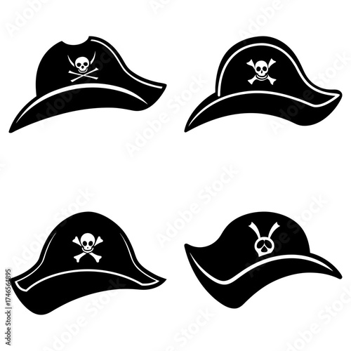 A collection of four pirate hats each adorned with unique skull and crossbones designs in black and white