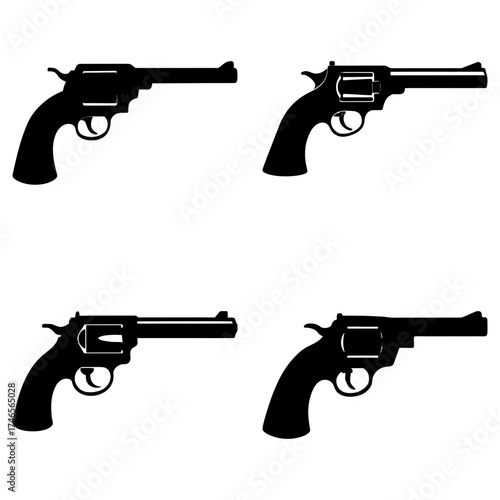 Four black silhouette revolver guns arranged in a square pattern on a white background image display