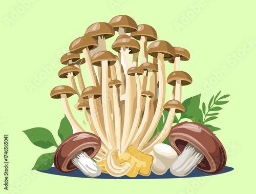 Vertical Arrangement of Shimeji and Enoki Mushroom Stems Near Green Plants on Light Background