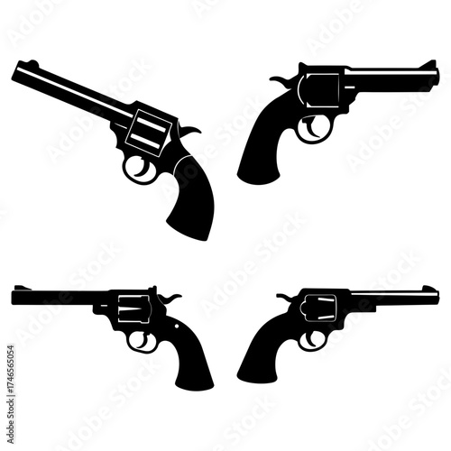 A collection of four black silhouette revolver pistols in various orientations on a white background view