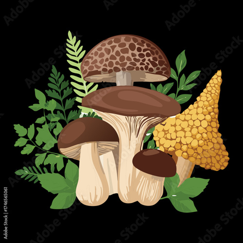 Porcini and Other Forest Fungi Cluster with Decorative Pine Needle Plants and Ferns