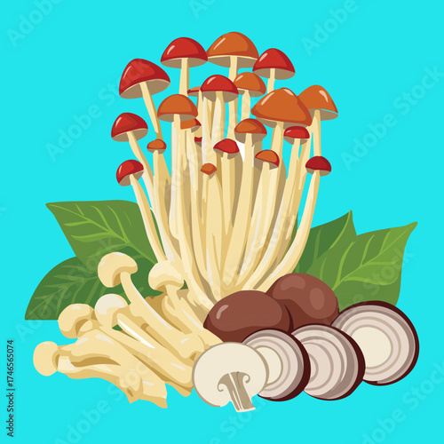 Vibrant Orange and Cream Enokitake Mushrooms with Chopped Spring Onion Plants on Teal Background