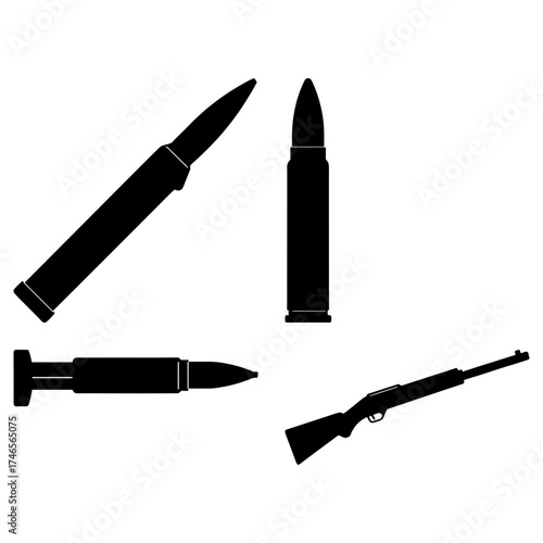 Illustration of multiple bullets and a rifle in black silhouette against a white isolated background