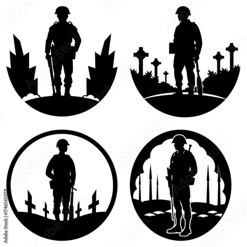 Silhouettes of soldiers standing in different memorial settings with crosses and monuments shown clearly