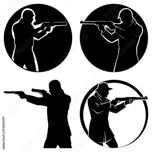 Silhouettes of men holding guns in various poses and circular frames in a black and white design