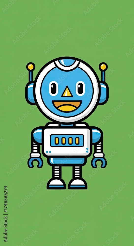 Obraz premium Pixel Art Blue Robot Character Standing and Smiling with Antennas and Screen Display on a Simple Green Background A Cheerful Friendly Android