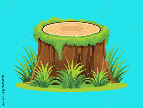 Rustic Plants Tree Stump Covered in Green Moss and Surrounded by Wild Grass