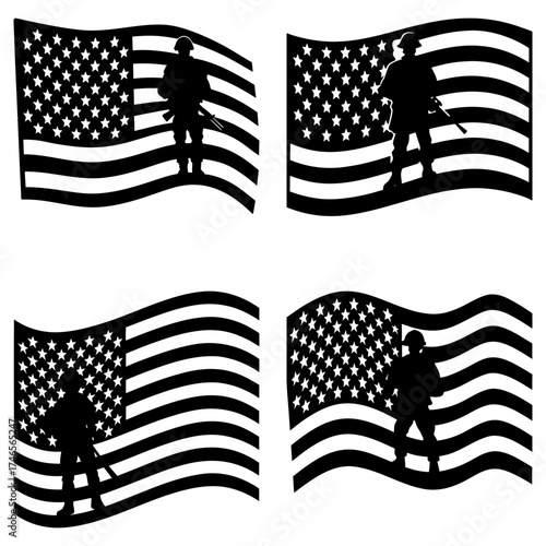 Silhouette of soldiers standing on american flags in a patriotic black and white vector illustration