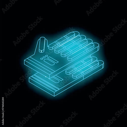 Futuristic neon blue glove glowing on dark background representing virtual reality, gaming, and advanced technology