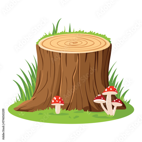Undergrowth Plants Cut Tree Stump with Fungi Growing at the Base of the Wood
