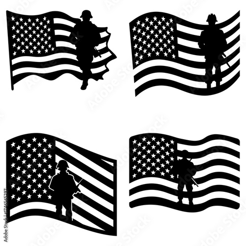 Four american flags with soldier silhouettes in various poses and flag wave patterns in black and white