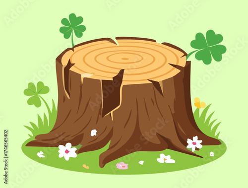 Sturdy Plants Large Cracked Tree Stump with Clovers and Daisies on the Ground