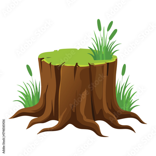 Forest Plants Tree Stump with Exposed Roots and Green Grass on the Ground