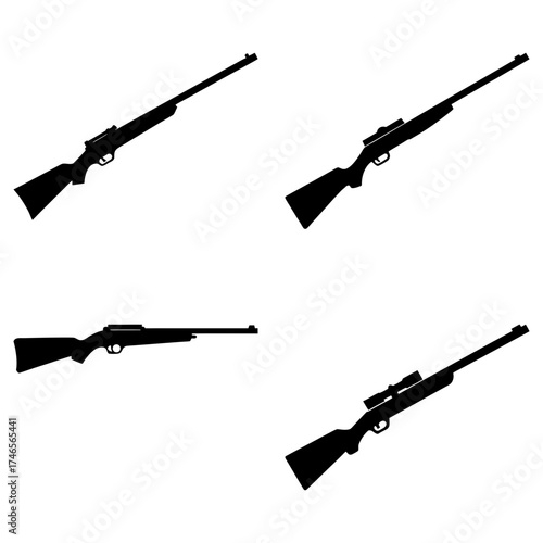 Four black rifle silhouettes in various angles and positions on a white background, showing different styles
