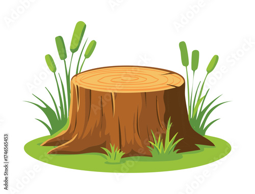 Wetland Plants Large Cut Tree Stump Surrounded by Reeds and Tall Green Grass