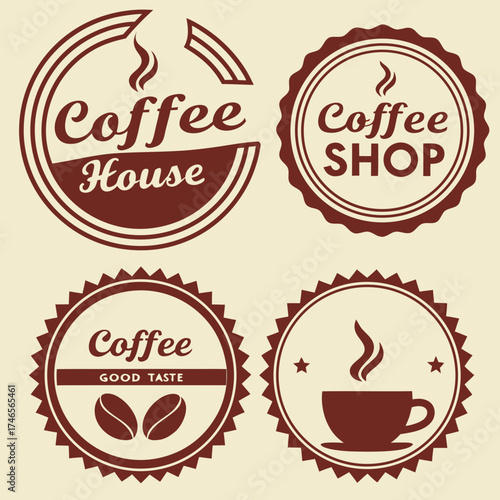 Collection of vintage style coffee shop logos and badges in brown on a light beige background for branding and promotional materials design