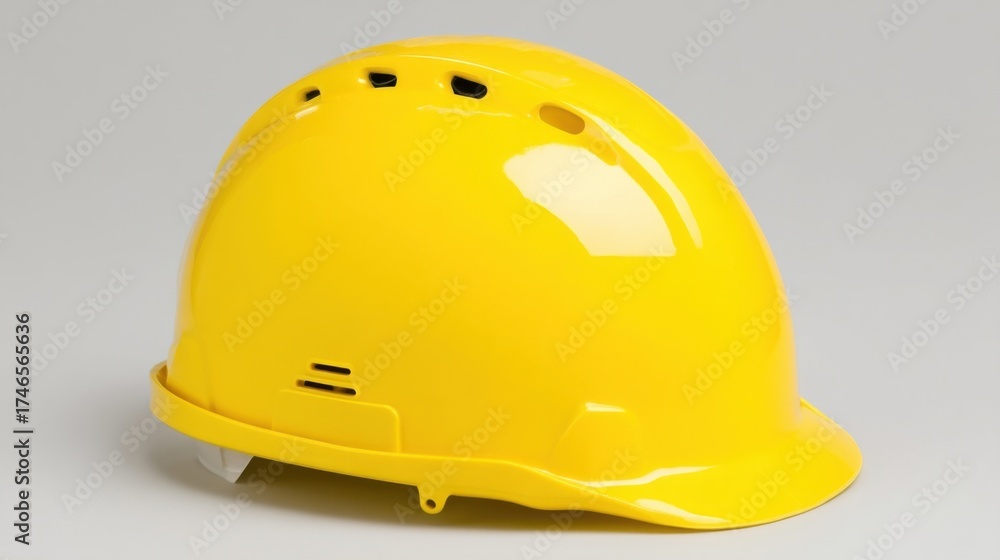 Fototapeta premium A yellow hard hat designed for safety on construction sites with ventilation holes, front brim, adjustable chin strap,