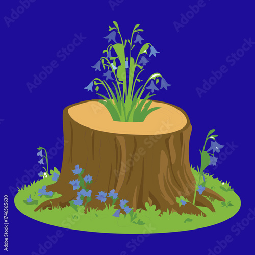 Vibrant Plants Cluster of Blue Flowers Emerging from a Dark Tree Stump Center