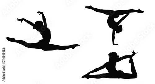 Gymnasts performing splits handstand and yoga pose