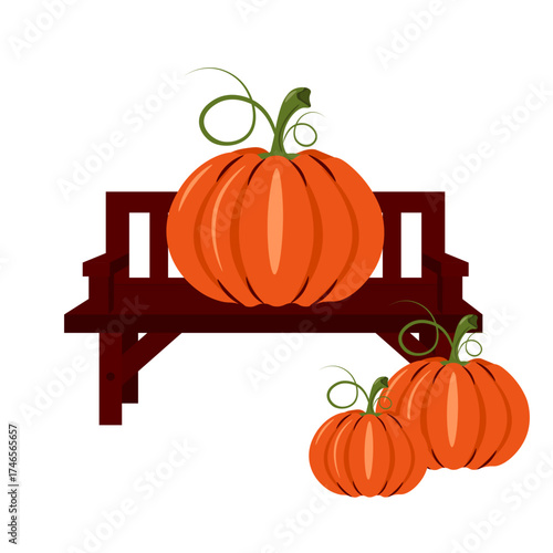 Vector illustration wooden Bench with cartoon Pumpkin isolated transparent background. Autumn Pumpkin harvest template design. Perfect for autumn farm sale poster design. EPS 10