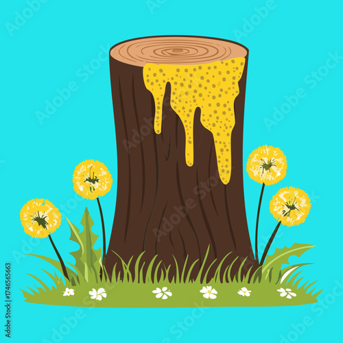 Sweet Plants Honey Dripping Down a Tree Stump with Yellow Dandelions Below