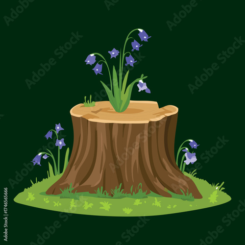 Flower Plants Bluebells and Green Plants Growing from a Tree Stump in the Forest