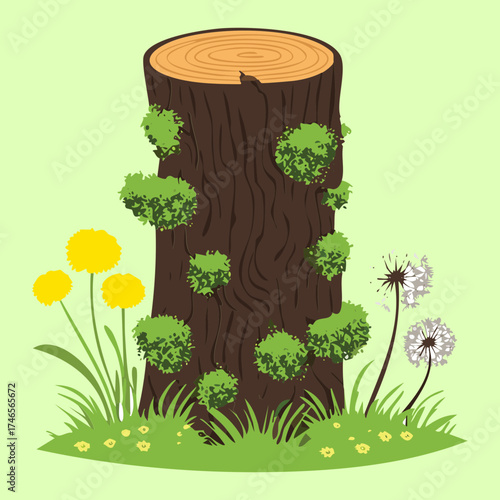 Wild Plants Tree Stump Covered in Mossy Fungi and Yellow Dandelion Flowers