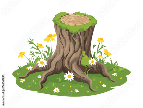 Botanical Plants Illustration of a Green Mossy Tree Stump with Small Wild Flowers