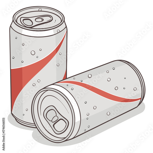 Two aluminum soda cans, one upright, one lying horizontally, sit on a surface. Both are silver with a red, curved stripe. Condensation droplets cover their surfaces. The scene is brightly lit, casting