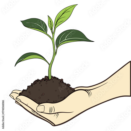 A stylized hand, light beige with dark outlines, cradles a mound of dark brown soil from which a vibrant green seedling sprouts, featuring several glossy leaves. The plant is centrally positioned, bat