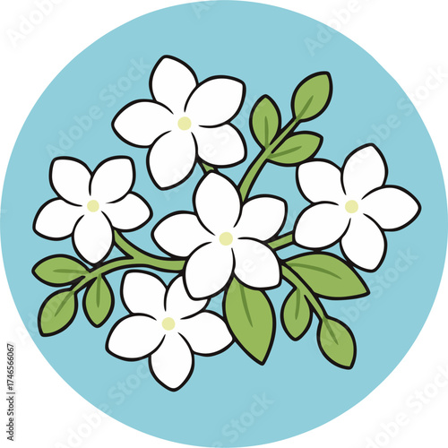 Jasmine Flower Cluster Vector – White Blossoms and Green Leaves in Round Blue Frame, Flat Decorative Floral Clipart