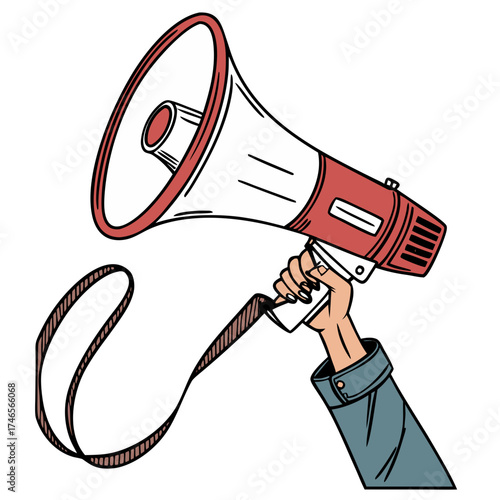 A hand, clad in a blue shirt sleeve, firmly grips a red and white megaphone, angled upwards. The megaphone's strap dangles loosely. The scene is brightly lit, with a cartoonish style, featuring bold o